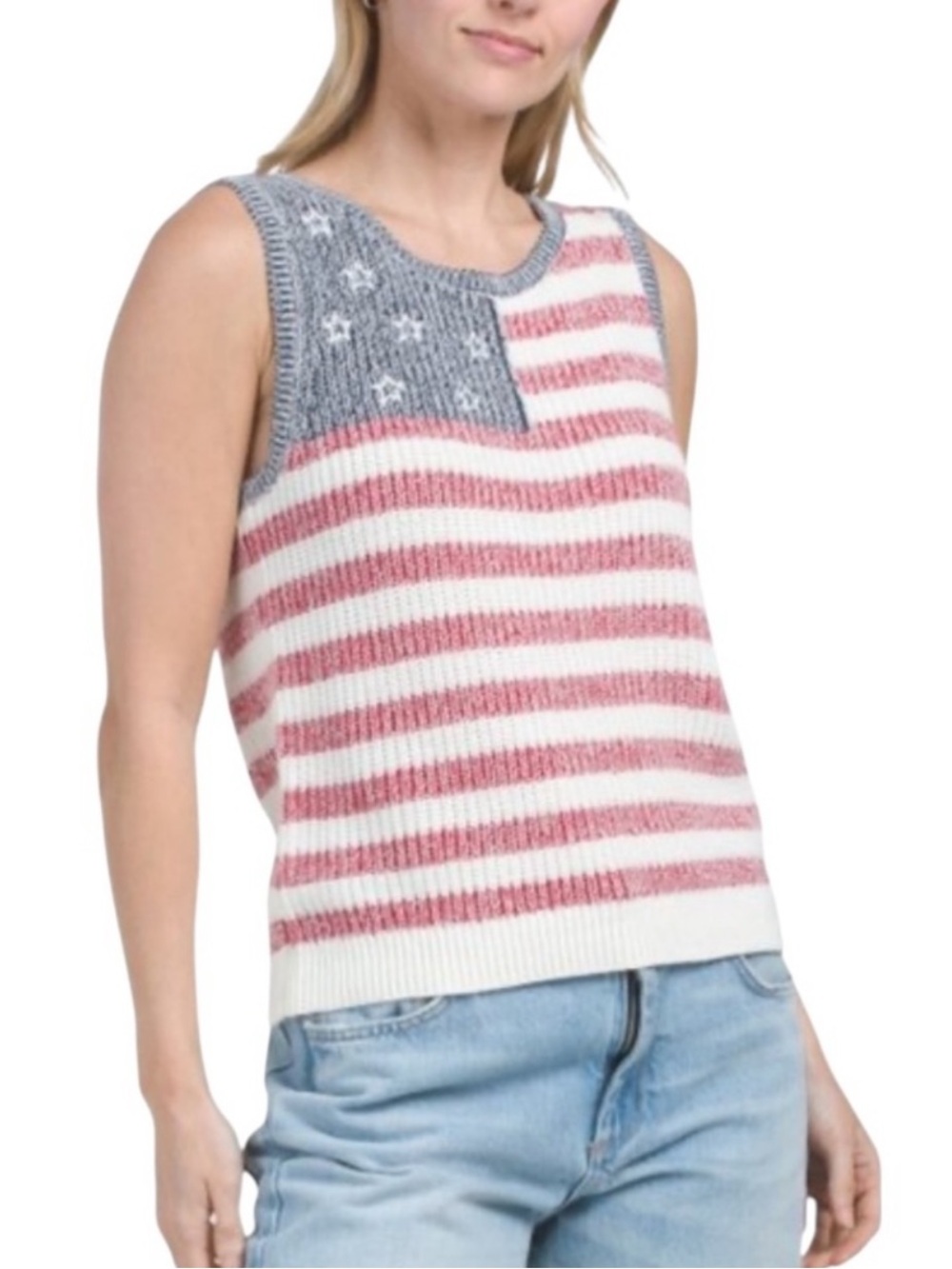 EUC Lucky Brand Patriotic Sleeveless American Flag Knit Tank Women's Size Medium